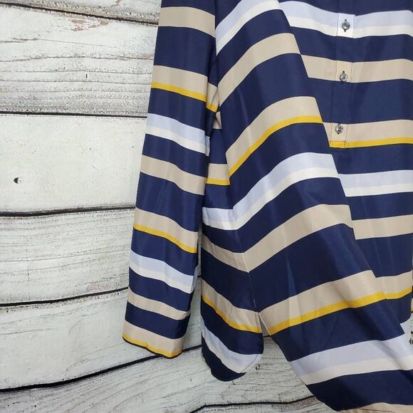 Ann Taylor Women’s Striped Button Front Blouse Navy Beige Yellow XL - Picture 2 of 9